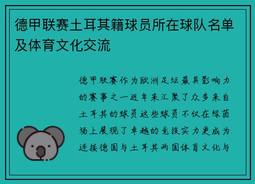 德甲联赛土耳其籍球员所在球队名单及体育文化交流