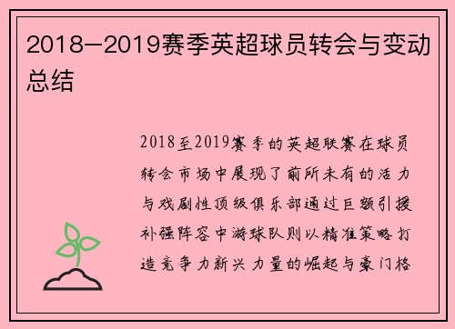 2018–2019赛季英超球员转会与变动总结